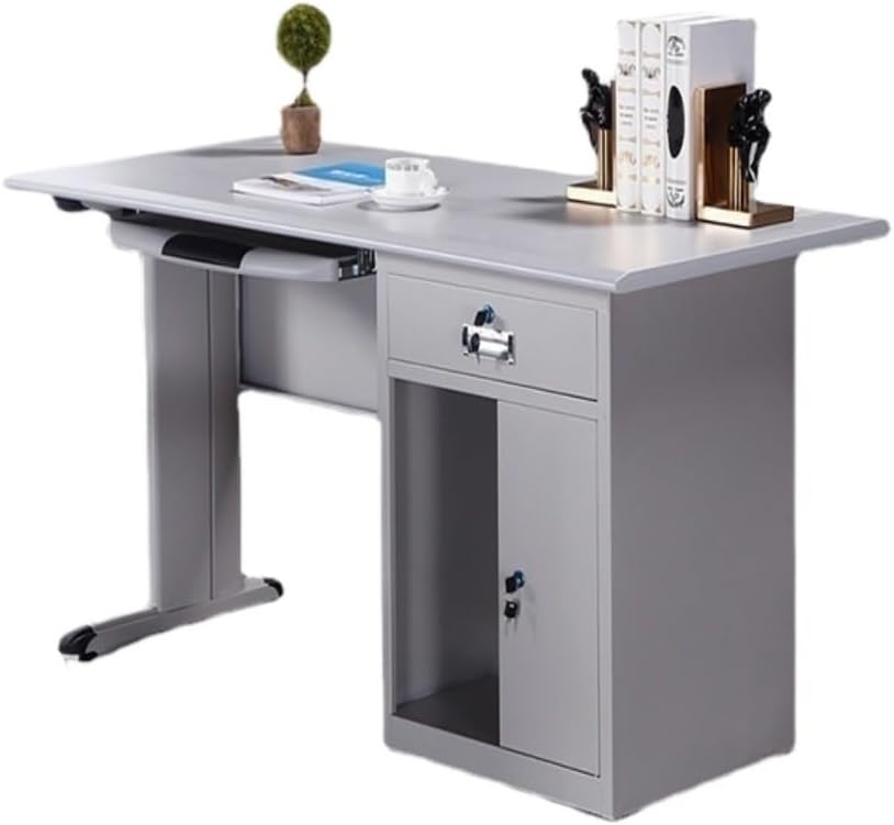 パソコンデスク 白 スチールオフィスデスク、引き出し付きシンプルな