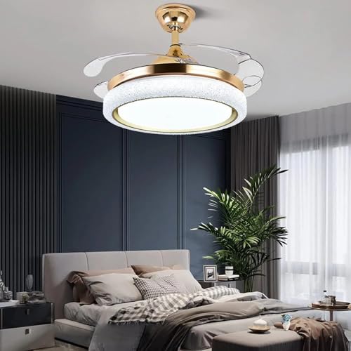 Image of Harold Electricals Modern LED Ceiling Fan with Retractable Blades, Gold and White, Remote Control, Dimmable Light, for Living Room, Bedroom, Dining Room, Home Decor Hanging Light & Fan
