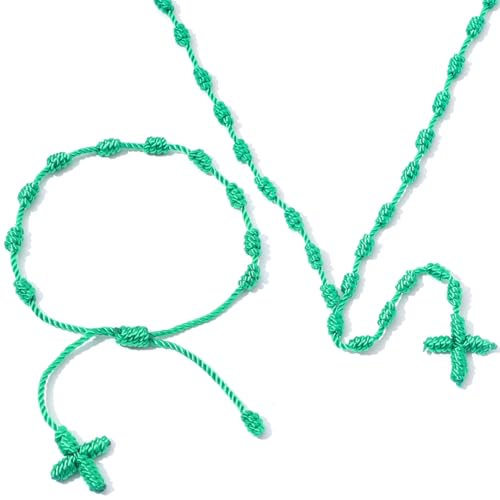 Knotted Rosary & Bracelet Set Handmade Catholic Cord Beads Rosary Necklace Knotted Rope Rosary Cross Knot Necklace Bracelet Set Prayer Catholic Gift - Lightweight and Durable