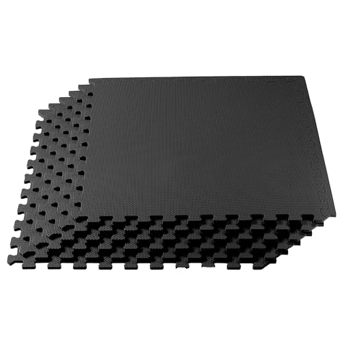 Image of We Sell Mats Premium Foam Interlocking anti-fatigue tiles great for gyms PX90 Insanity Pilates Yoga aerobics cardio trade shows kids payrooms and more. Black 100 SQFT-25 Tiles