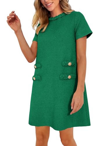 PRETTYGARDEN Women's Summer Tweed Short Dress Crewneck Short Sleeve A Line Mini Casual Elegant Cute Party Vintage Dresses (Green,Medium)