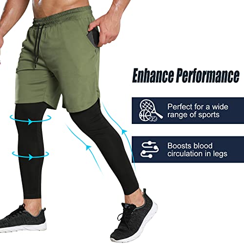 Odoland 2 Pack Mens Compression Running Pants, 2 In 1 Quick Dry Athletic Workout Sweatpants Shorts Gym Leggings With Pocket, Grey/Army Green, M #TOP4
