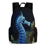 SKTNBM Mochila com bolso, mochila de viagem com estampa de cavalo-marinho azul, mochilas elegantes, mochila casual para caminhadas ao ar livre, preta, 42 x 30,5 cm, mochila mochila