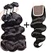 Perstar Brazilian Virgin Body Wave Hair Bundles With Closure 100% Unprocessed Human Hair Weave Weft with Lace Closure(8 10 12+8 free part, Natural Color)