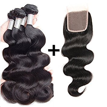 Perstar Hair Brazilian Body Wave with Closure Virgin Remy 3 Bundles with 4"4" lace closure 7A grade Uprocessed hair bundles with free part closure (8 10 12+8 free part, Natural Color)