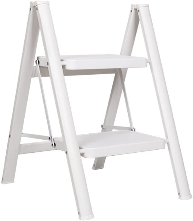 Hershii Lightweight Step Ladder 2 Setp Folding Stool Heavy Duty Stepladder with Wide Anti-Slip Pedal Home Kitchen Plant Stand Ladders Shelf Bookcase Storage Rack - White