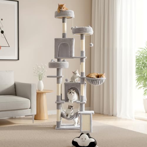 Image of Sweetcrispy Cat Tree 75 Inch, Large Multi-Level Tall Cat Tree Tower with Condo, Perches, Sisal Scratching Posts Board and Hammock, Pet Play House with Dangling Balls for Indoor Cats, Light Grey