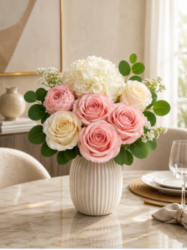 Image of Divyakosh Artificial Flowers Bunch (Vase Not Included). Artificial Flower for Vase, Flower Bouquet Gift, Pink Rose Peony Hydrangea Arrangement for Living Room Office Dining Table Centerpiece