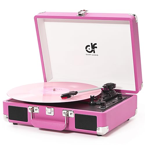 Vintage Hot Pink Suitcase Record Player with Built-in Stereo Speakers, Belt-Driven 3-Speed Turntable with Bluetooth in, USB Recording, RCA AUX Headphone Jack