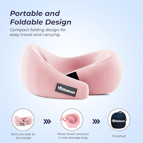 Image of Billebon Gel Infused Memory Foam Neck Pillow, Travel Pillow with Adjustable Velcro Straps, Neck Pillow for Travelling & Flight Travel, Ergonomic Support for Comfort & Pain Relief (Pink)