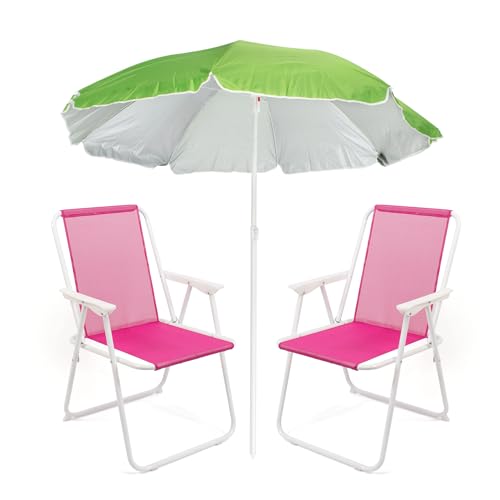 THE SECRET HOME - Pack de Sombrilla y Dos Sillas de Playa Plegables - Set Ideal para Playa y Piscina - Sombrilla y Sillas con Armazón de Aluminio y Revestimiento de Tela (Set 35)