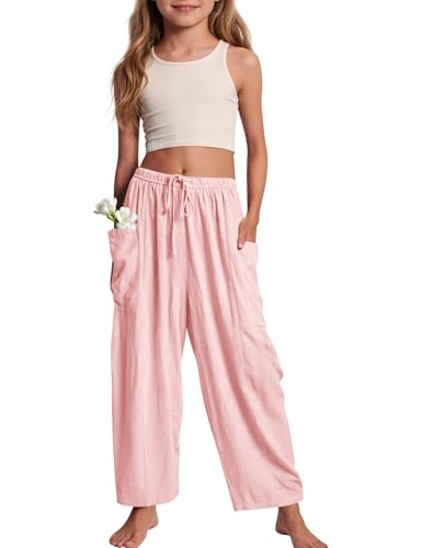 Image of COZYPOIN Girl's Wide Leg Pants Elastic Waist Loose Fit Flowy Casual Beach Palazzo Harem Trousers with Pockets 5-14 Y