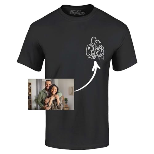 Personalized Custom Couples or Family Photo to Minimal Outline Sketch Art T-Shirt Large Black