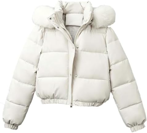 Ghkeu Steppjacke Damen Kurz Stehkragen Winterjacke mit Flauschige Kapuze | Modisch Warmer Jacke, Fleecefutter, Schlitztasche, Elastische Bündchen, Knopf Reißverschluss Doppelversch