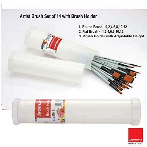 Image of Isomars Professional Round & Flat Paint Brush Set of 14 with Adjustable Brush Holder - Golden Taklon Brushes for Watercolor, Acrylic & Oil Painting | Artist Brushes for Students, Designers & Hobbyists