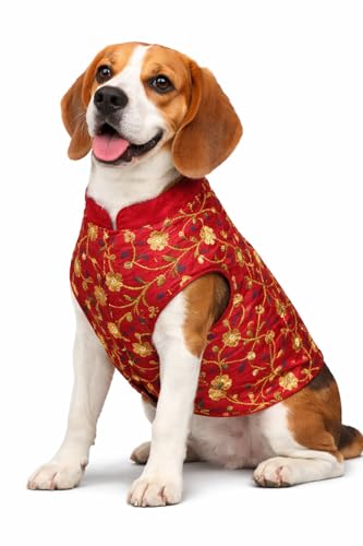Image of LittlePaws Royale Embroided Dog Kurta Sherwani for Small & Medium Dogs - Premium Embroidered Dog Dress for Weddings & Festivals | Ethnic Pet Outfit (Red, M) L - 17 in W - 20 in