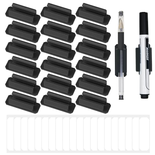 Pencil Holder for Desk Set of 20, Adhesive Pen Holder with 20 Extra Upgraded Stickers, Silicone Pen Holders & Marker Clip for Walls, Clipboards, Classroom, Office, Teacher Accessories Supplies (Black)