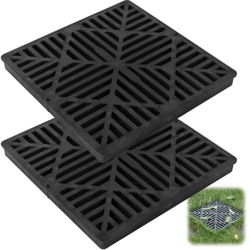 Calvana 2 Pack 12 Inch Catch Basin Drain Grate, Fiberglass Reinforced Polyethylene Square Drain Cover for...