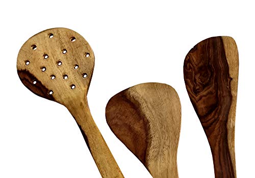 Image of Wooden Cooking and Serving Spoons Non Stick (Set of 7) - Kitchen Tools Utensils SpatulasLadles