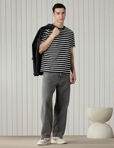 Image of Amazon Brand - Symbol Men Cotton Rich Relaxed Fit Striped Tshirt | Half Sleeves | Available in Plus Size