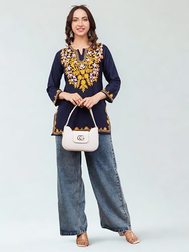 Image of Navy Blue Embroidered Kurti Top for Women | Floral Kashmiri Embroidery Short Kurti | Ethnic Fusion Wear | 3 /4 Sleeve V-Neck Tunic Top