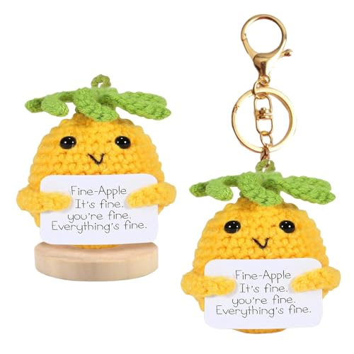 2 Pezzi Bambola di Ananas Positiva con Portachiavi e Base Rotonda, Divertente Ananas Positivo con Carta Incoraggiante, Ananas Lavorato a Maglia per Festival Decorazione di Feste Regalo