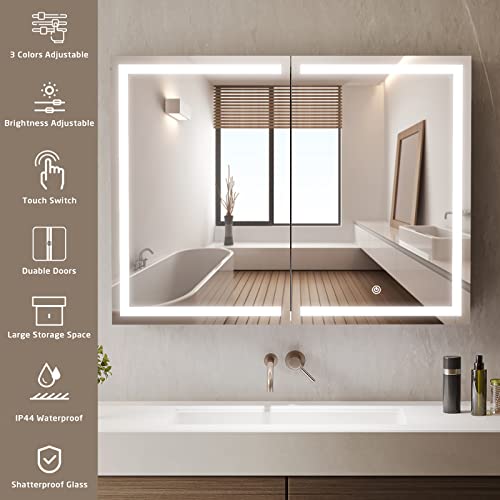 Dictac Lighted Medicine Cabinets With Double Mirror Doors And 2 Outlets 31.5''X23.6''Wall Mounted Bathroom Mirror With Storage And Led Lights Metal Wall Storage Organizer With Adjustable Shelves,White #TOP2