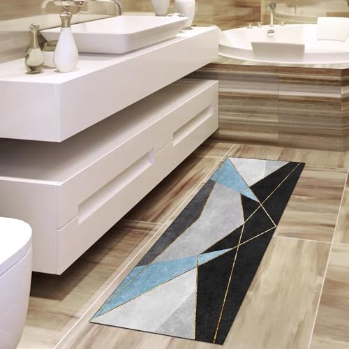Alfombra pasillera lavable y antideslizante con diseño patchwork gris y azul 4