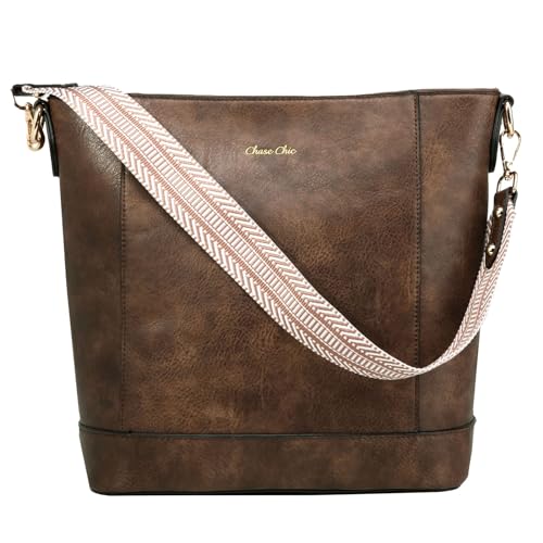 Chase Chic Umhängetasche Damen, PU Leder Handtasche Crossbody Bag Schultertasche,Hobo Tasche Kleine mit 2 verstellbarem Riemen für Alltag Büro Einkauf Kaffeebraun