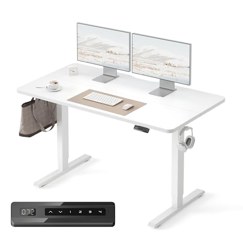 Image of FEZIBO 55 x 24 Inchs Electric Standing Desk, Height Adjustable, Sit Stand Up, Computer Office Desk with Splice Board, White Frame /White Top
