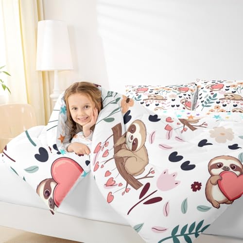 Image of Feelyou Sloth Comforter Set Queen Size, Sloth and Flowers Bedding Set for Kids Toddler Botanical Plant Bedding Set Kawaii Animal Duvet Set Durable Quilt Set