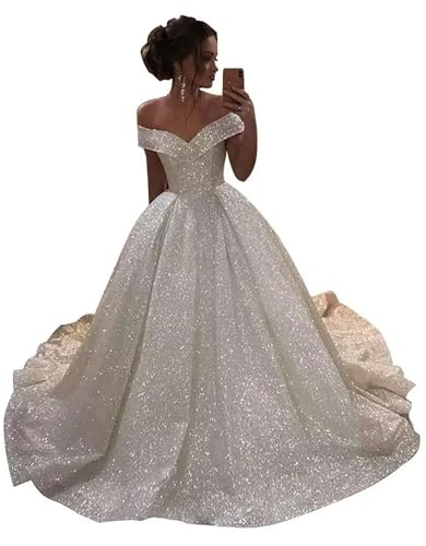 MJUHYBE Wedding Dresses Off Shoulder for Bride Sparkly Sequins A-Line White Bridal Dress with Train Beach Wedding Gowns Backless US6 ZZX119