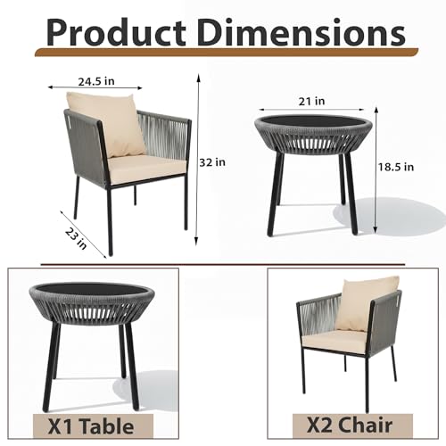Image of OUTLIVING Braid & Rope 2 Seater Garden Patio Seating Chair and Table Set Outdoor Balcony Garden Coffee Table Set Furniture with 1 Table and 2 Chairs Set with Cushion (Grey)