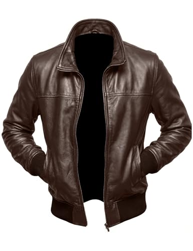 SHOP OF JACKETS LIMITED Chaqueta de piel de cordero marrón para hombre, chaqueta bomber de piel auténtica envejecida para hombre, ropa de motocicleta tratada con efecto vintage
