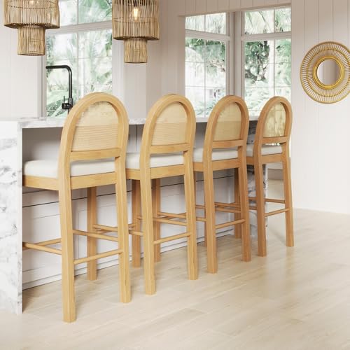 Image of Nathan James Bailey 29 in. Boucle Bar Stool with Back, Upholstered Kitchen Stool with Natural Rattan Woven Back and Solid Wood Legs, Oak Finish, Set of 4