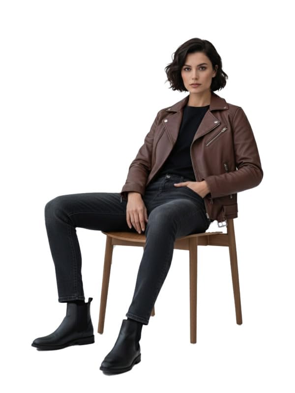 Image of Leather Retail Stylish Brown Jacket For Women's