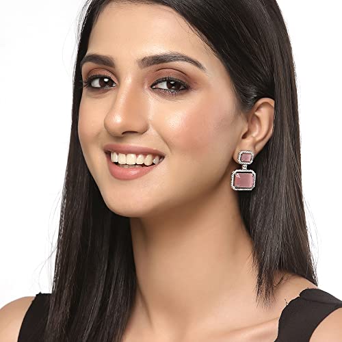 Oxidised Silver-Plated American Diamond Oval Drop Earrings