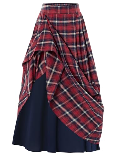 Women Plaid Skirts Elastic Waist A-Line Pleated Tartan Long Skirts with Pockets Red Blue Plaid L