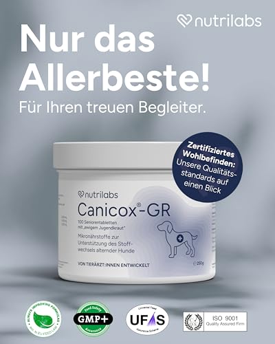 NutriLabs CANICOX GR Kautabletten für Hunde 100 Stück - Mit Glucosamin, Chondroitin, Weißdorn & Ginseng - Unterstützt Gelenke, Herz, Leber, Nerven & Immunsystem - Nahrungsergänzung für ältere Hunde