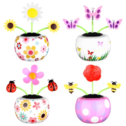 4 Pcs Solar Powered Dancing Toy Solar Dancer Figure SunFlower in Colorful Pots Swinging Insect Flip Flap Animated Bobblehead Dancer Window Sun Catcher Car Dashboard Decor Car Swinging Dancing Toy