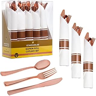 STACKABLES ~ 10 Pack Cutlery Sets ~ Elegant Plastic Silverware Set with Spoon Fork Knife Wrapped in White Napkin Reusable Flatware (Rose Gold)