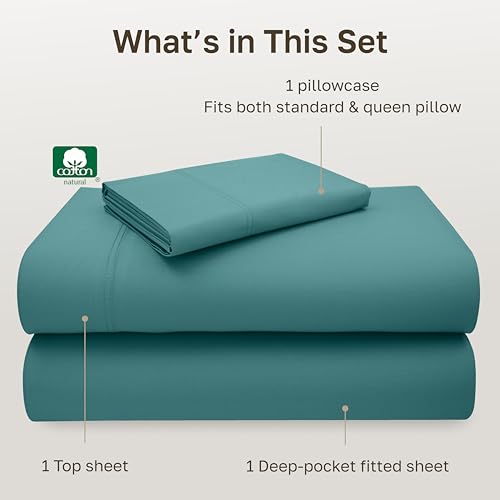 Image of California Design Den Twin XL Bed Sheets Cotton Set - Luxury 600 Thread Count Sateen, 100% Cotton Sheet Set with Deep Pockets, Soft Hotel-Quality Bedding - Teal Sheets