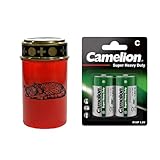 Fachhandel Plus LED Grablicht Katze, batteriebetriebenes Gedenklicht mit flackernder LED Flamme als sicherer Grabschmuck für Tiergrab und Gedenkplatz - ewiges Licht (Rot, liegende Katze)