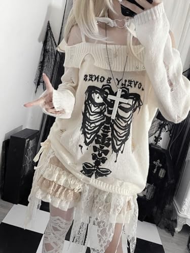 CEINOM Y2k Harajuku Gothic Knitted Pullover Sweater Women Japanese Fashion Sexy Skull Off The Shoulder Punk Loose Sweater4