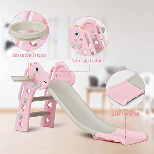 Toddler Slide With Basketball Hoop For Kids，Freestanding Baby Climber Playset Indoor Slide Toys,Backyard Baby Playground Kids Slide(Dinosaur Pink) #TOP4