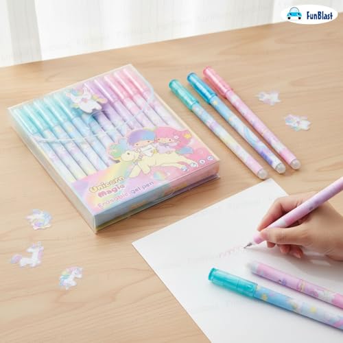 Image of FunBlast Unicorn Erasable Gel Pens - Pack of 12 Pcs Pens 0.5mm, Erasable Pens with Magic Eraser, Smooth Writing Gel Pen, Stationery for School & Office - Blue Ink