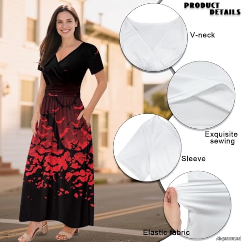 Image of Women's Fall Summer Short Sleeve Ankle Length V-Neck Party Dress with Pockets Size S-3XL
