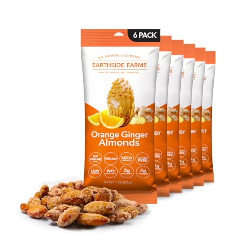 Image of Earthside Farms Orange Ginger Almonds Snack Packs, No Sugar Added Keto Friendly Nuts, Vegan Gluten Free Non GMO Plant Protein Treat, 1oz Individual Bags 6 Count