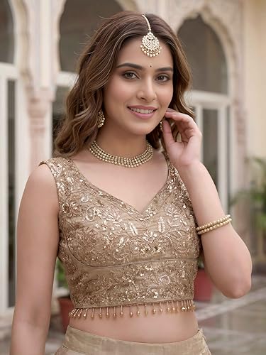 Image of Zeel Clothing Women's Zari Sequins Embroidered Work Crush Silk Lehenga Choli With Dupatta (5136-Golden-Women-Lehenga-Choli-Latest; Free size)