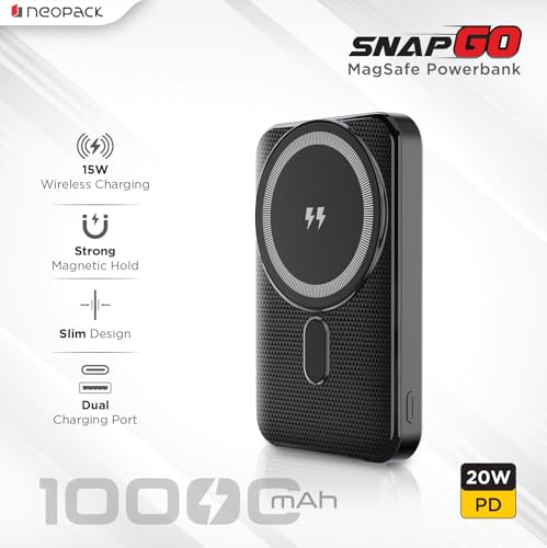 Image of Neopack SnapGO 10000mAh Magsafe Power Bank | Kickstand | Dual Charging | 15W Wireless and 22.5W Wired Charging Output for iPhone 12 & New Models, Android Smartphones and Other USB-C Devices (Black)